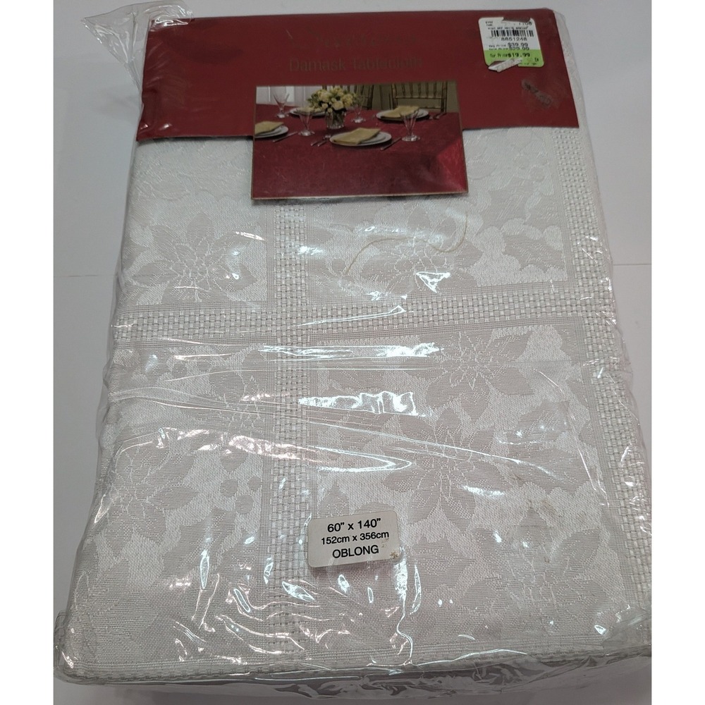Seasons Tablecloth Home 60x140 White New Damask Floral Oblong Holiday Dining